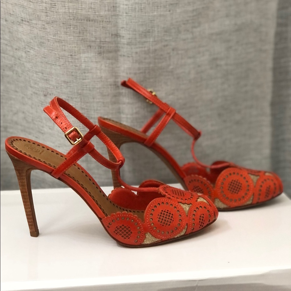Tory Burch Orange leather and Jute T strap heels - Picture 2 of 11
